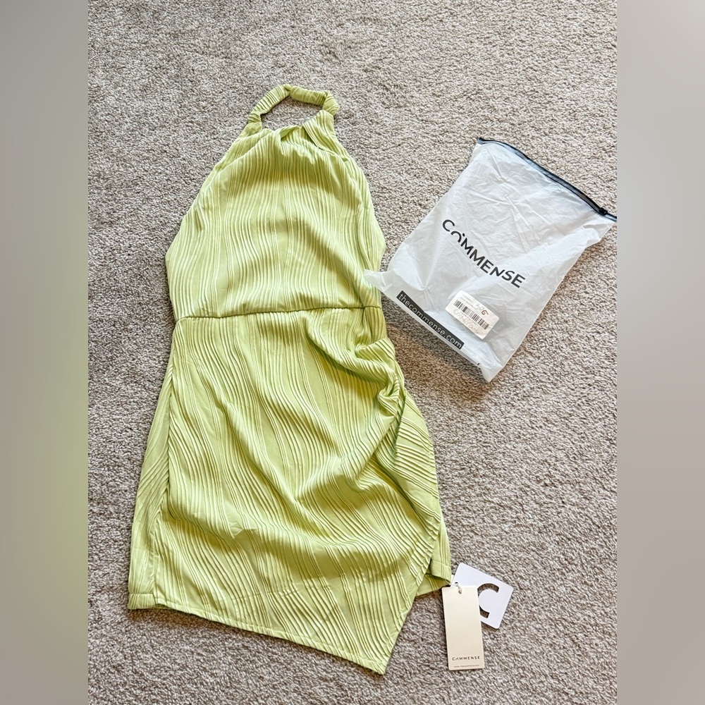 Commense high neck halter mini dress lime green Small